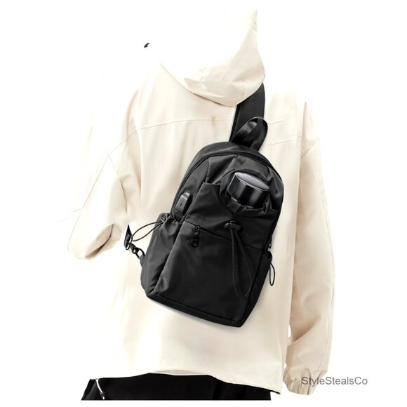 Small Nylon Sling Backpack with USB Port for Hiking Travel Gym